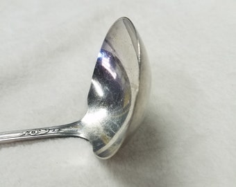 May include: A silver ladle with a decorative handle. The ladle is shiny and reflects light.