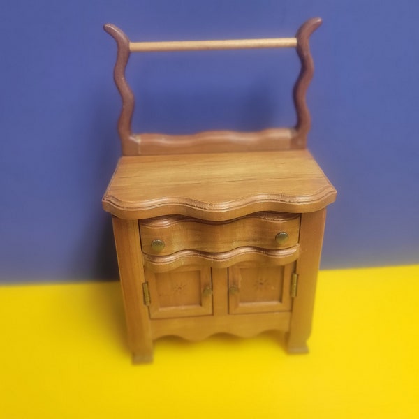 REUGE Swiss Musical Movement Music Box in a Wood Dressing Table or Wash Stand. The Tune, "Brahms Lullaby",  plays when top drawer is open.