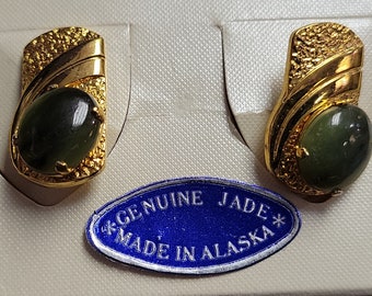 1961 Mid Century Modern Men&#39;s Cuff Links Gold Tone Genuine Jade Cufflinks made in Alaska New Old Stock in Original Box Beautiful Great Gift.