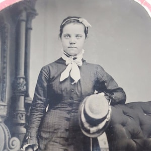 Vintage Antique Tintype Photo Standing Pretty Young Lady, Miss Mary Kelly w/ Hat