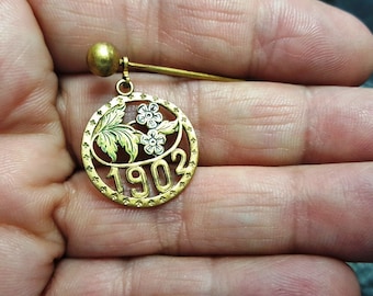 Antique 1902 Unmarked Gold color stick pin Style Art Nouveau Jewelry, Jewellery, Hat pen