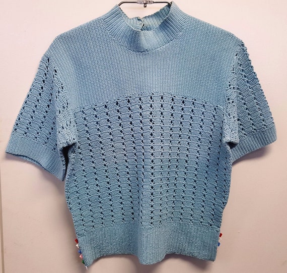 Vintage 1950's Teal Blue Hand Crocheted Small Swea