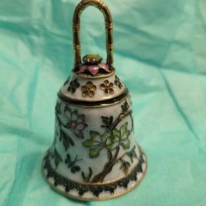 Antique Cloisonne Bell Decorative Brass loop handle Topped off with a Stone Flower Bezel Adorned with white enamel and multiple color plants