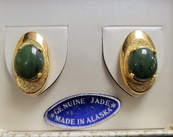 1961 Mid Century Modern Men&#39;s Gold Cuff Links Tone Genuine Jade Cufflinks made in Alaska New Old Stock in Original Box