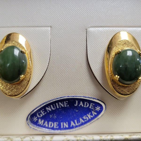 1961 Mid Century Modern Men's Gold Cuff Links Tone Genuine Jade Cufflinks made in Alaska New Old Stock in Original Box