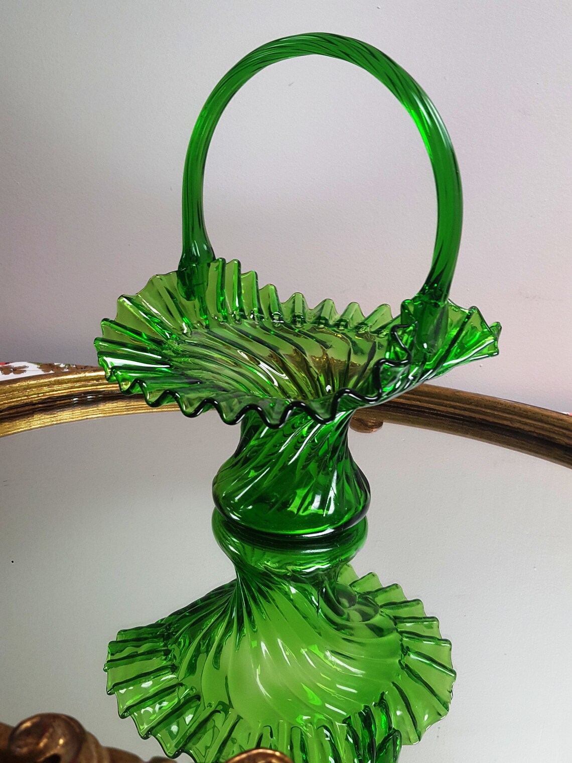 Vintage Hand Blown Green Glass Handled Brides Basket Etsy