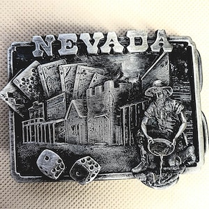 Nevada Silver State Belt Buckle Heavy, Gold Miners and Gamblers,  Casino. Signed 1982 H-20 #46