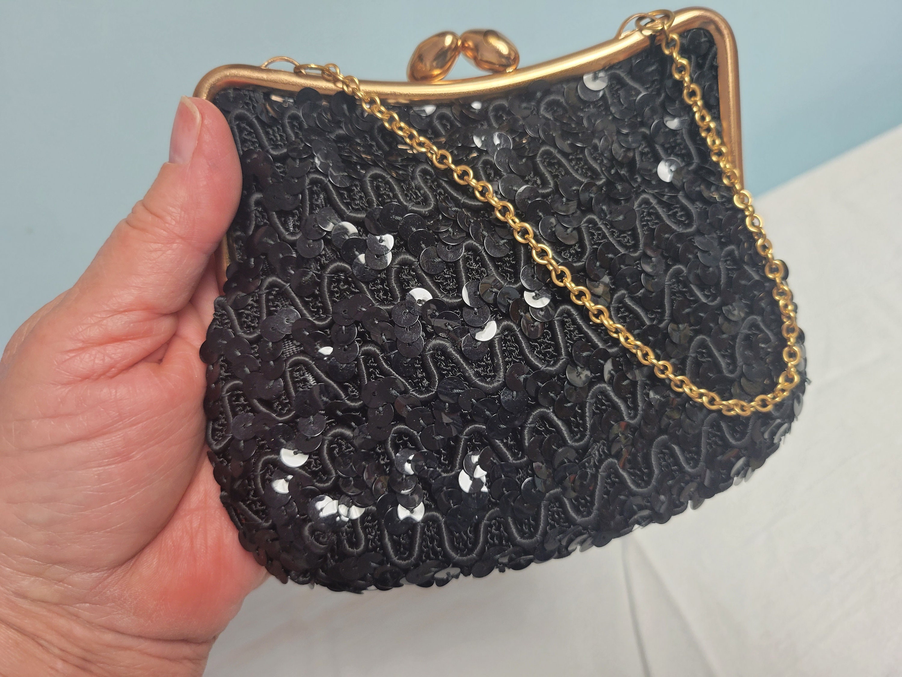 Vintage JR Black Handbag Clutch Evening Clasp Change … - Gem