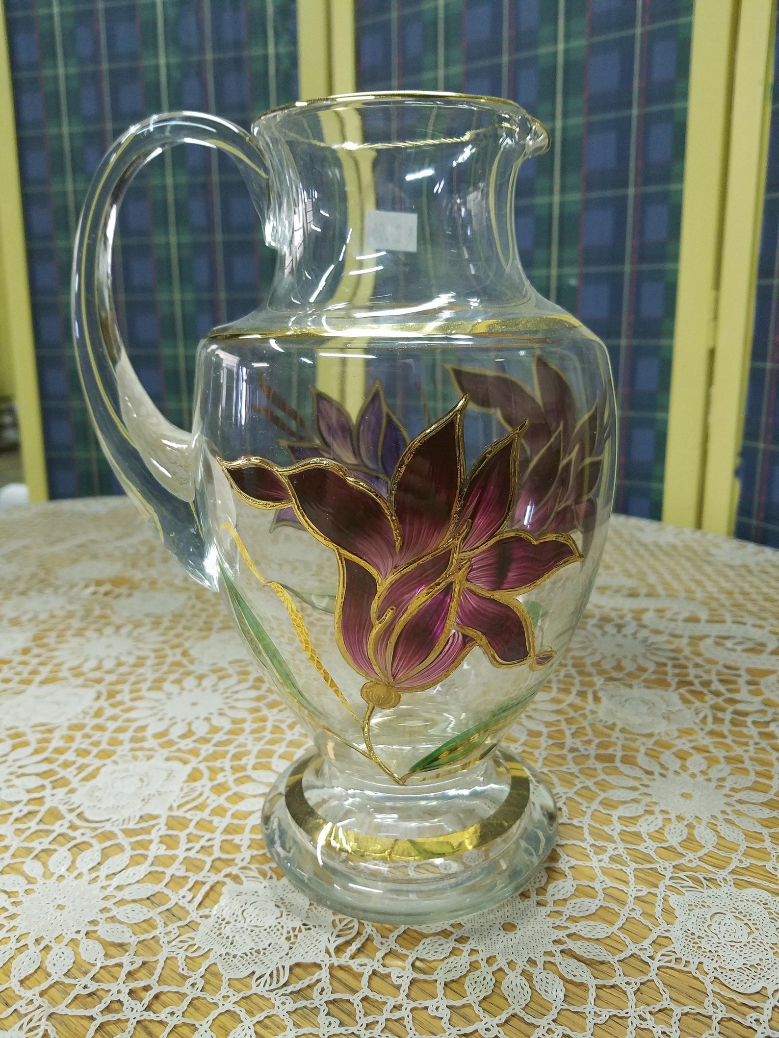 Vintage Hand Painted Blown Glass Pitcher Hand Painted Purple Etsy