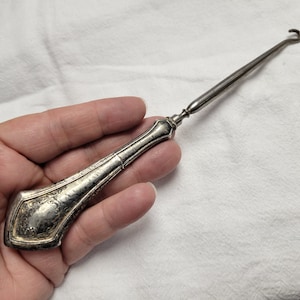 Antique Sterling Silver Handle Boot Button Hook Tool, Victorian Ladies Boot Hook, Shoe Hook Tool, Antique Tool, 1900s