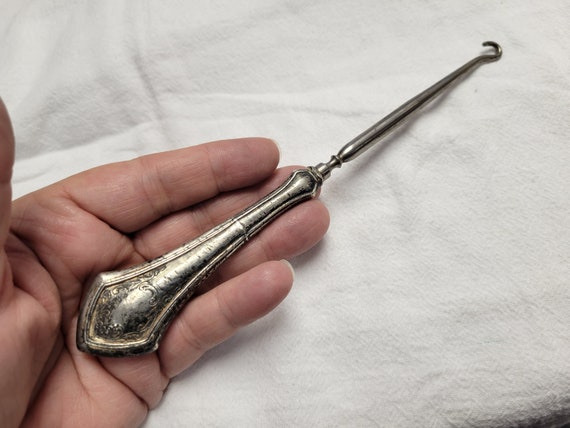 Antique Sterling Silver Handle Boot Button Hook Tool, Victorian