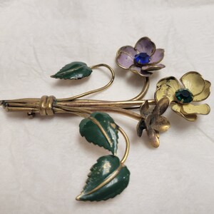 Antique Country Brass Brooch w/ Rhinestones and Enamel