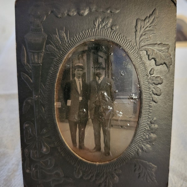 1800's Tintype Photo Two Gentlemen in ornate heavy paper embellished frame