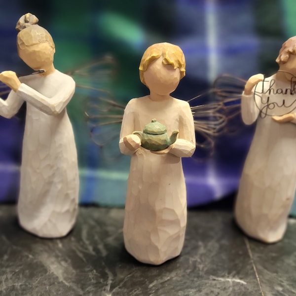 Three Willow Tree figures  1- Angel of Harmony, Playing Flute.   2- Angel of Kitchen, Holding Tea Pot.   3- Just for You, Holding Thank You