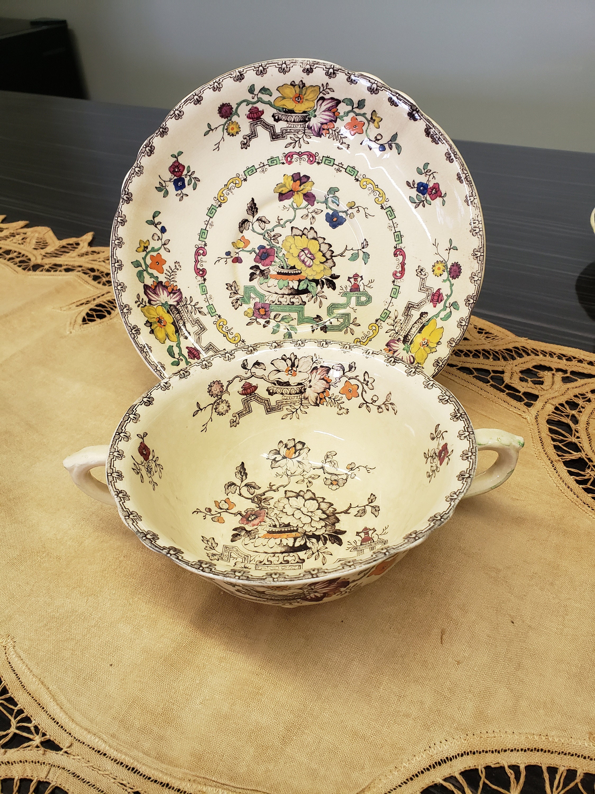 Vintage Masons Patent Ironstone China Double Two Handled Soup Etsy