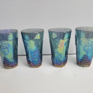 NIB Iridescent Blue Carnival Glass 4 - 14OZ. Coolers by Indiana Glass Co.  Dunkirk, Indiana.  Grape and Grape Leaf Pattern.  NEW Never Used