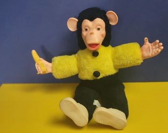 VTG Jaren 1950 tot 1960 Rubber Faced Carnival Prize Pluche Plastic Aap met een banaan Mr Bim Zippy Chimp Toy