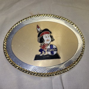 Brushed Gold, Silver, Red, White and Blue Santa Fe Train Railroad, Choctaw Indian Belt Buckle  #28