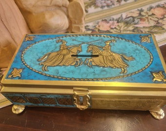 Vintage Fricke & Nacke Tin Bank English Toffee Box Western Germany Jousting Knights on lid Blue n Gold Shields around edges Original Lable