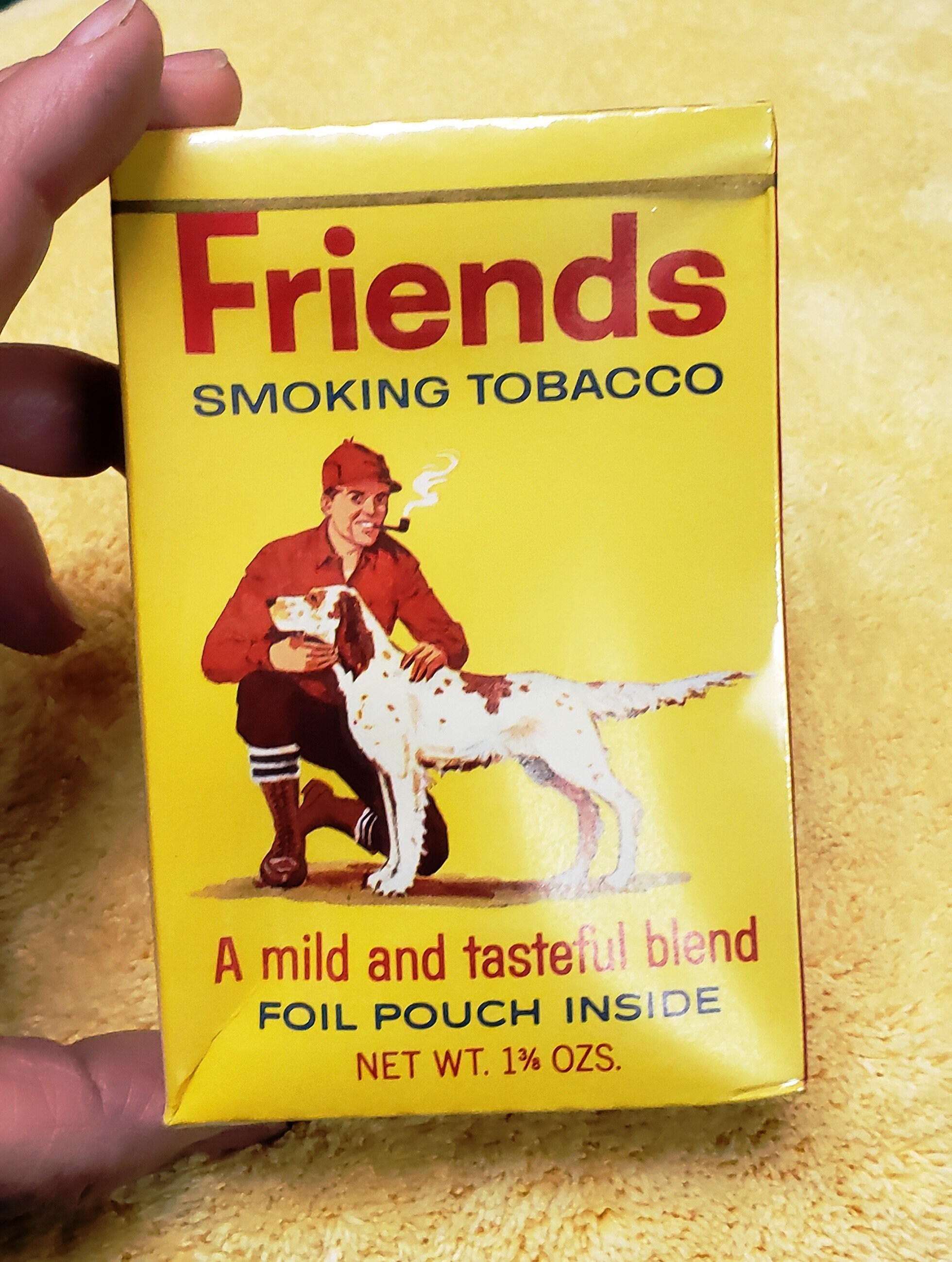 tasteful tobacco Friends Smoking Tobacco A Mild Tasteful Blend Foil Pouch Inside Smoker  Advertising A Man and His Dog.1 3/8 Oz. Louisville, KY, Collectible