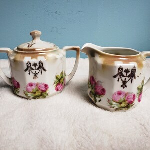 Antique 19th Century BAVARIA Creamer and Sugar with Lid Decorated with Roses on the front