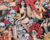 Las Elegantes Bright smoke Alexander Henry Fabric ,Day of the Dead Skull, (Half a Yard or Yard)