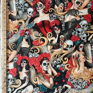 Las Elegantes Bright, Alexander Henry Fabric ,Day of the Dead Skull, Half a Yard or Yard image 2