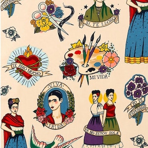 Frida Todo para ti Alexander Henry Fabric Mexican Culture, Premium Cotton ( Yard+ or Half Yard) taupe