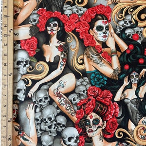 Las Elegantes Bright, Alexander Henry Fabric ,Day of the Dead Skull, Half a Yard or Yard image 1