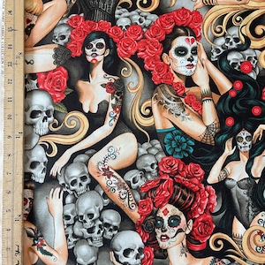 Las Elegantes Bright, tissu Alexander Henry, crâne du jour des morts (un demi-mètre ou un mètre)