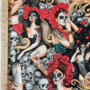 Las Elegantes Bright, Alexander Henry Fabric ,Day of the Dead Skull, Half a Yard or Yard image 1