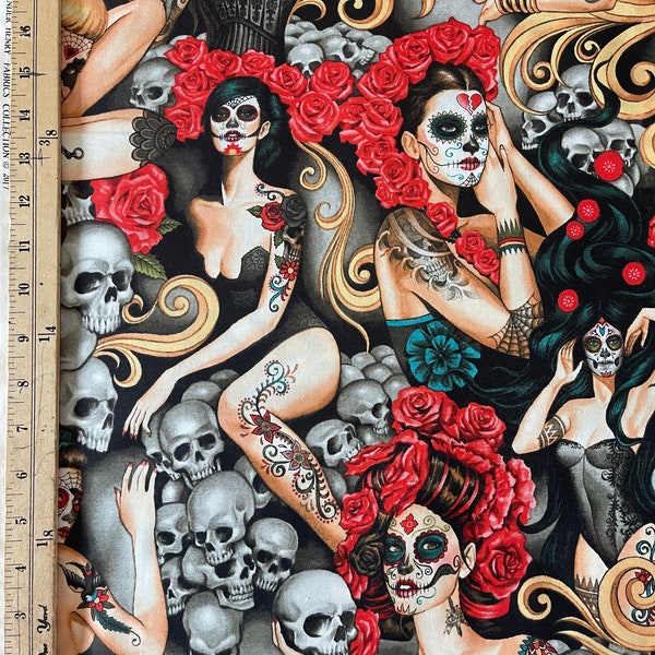 Las Elegantes Bright, Alexander Henry Fabric ,Day of the Dead Skull, (Half a Yard or Yard)