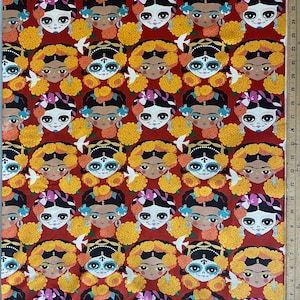 Recuérdame frida fabric, day of the dead, like coco, dia de muertos, merigold flower, Alexander Henry fabric, by the yard or half a yard