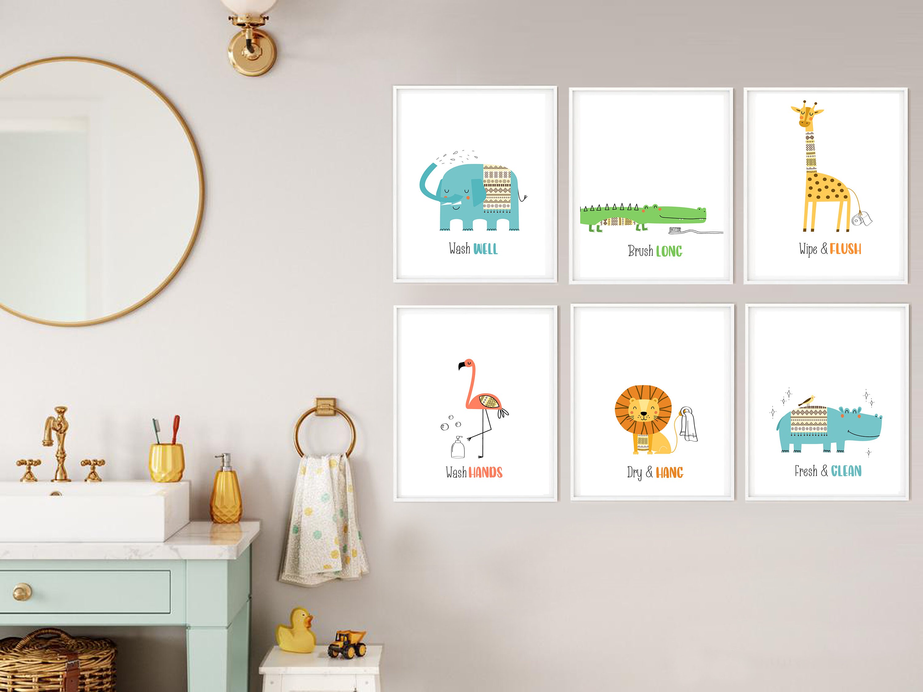 Kids Bathroom Art Set of 6 Bathroom Wall Art Bathroom Wall Etsy