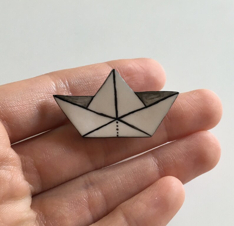 Origami Paper Boat Handmade Polymer Clay Minimalist Brooch Unique Hand Painted Pin Gift