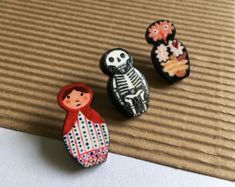 Anatomy Dolls. Set of Handmade Matryoshka Nesting Dolls Pins.