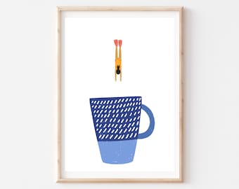 Monday morning coffee dive. Original digital A4 wall art print.