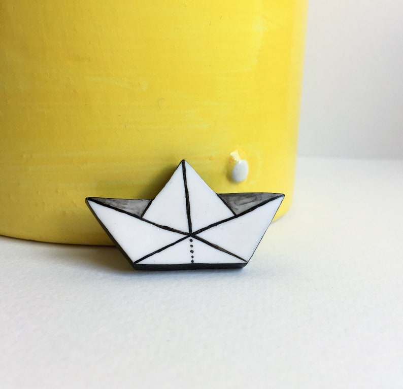 Origami Paper Boat Handmade Polymer Clay Minimalist Brooch Unique Hand Painted Pin Gift