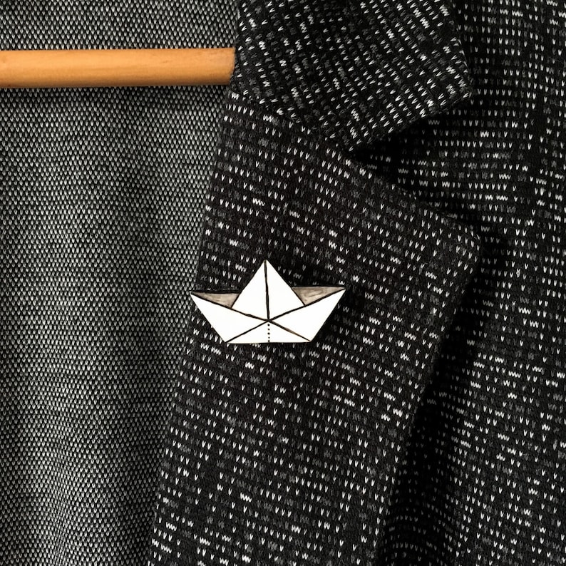 Origami Paper Boat Handmade Polymer Clay Minimalist Brooch Unique Hand Painted Pin Gift
