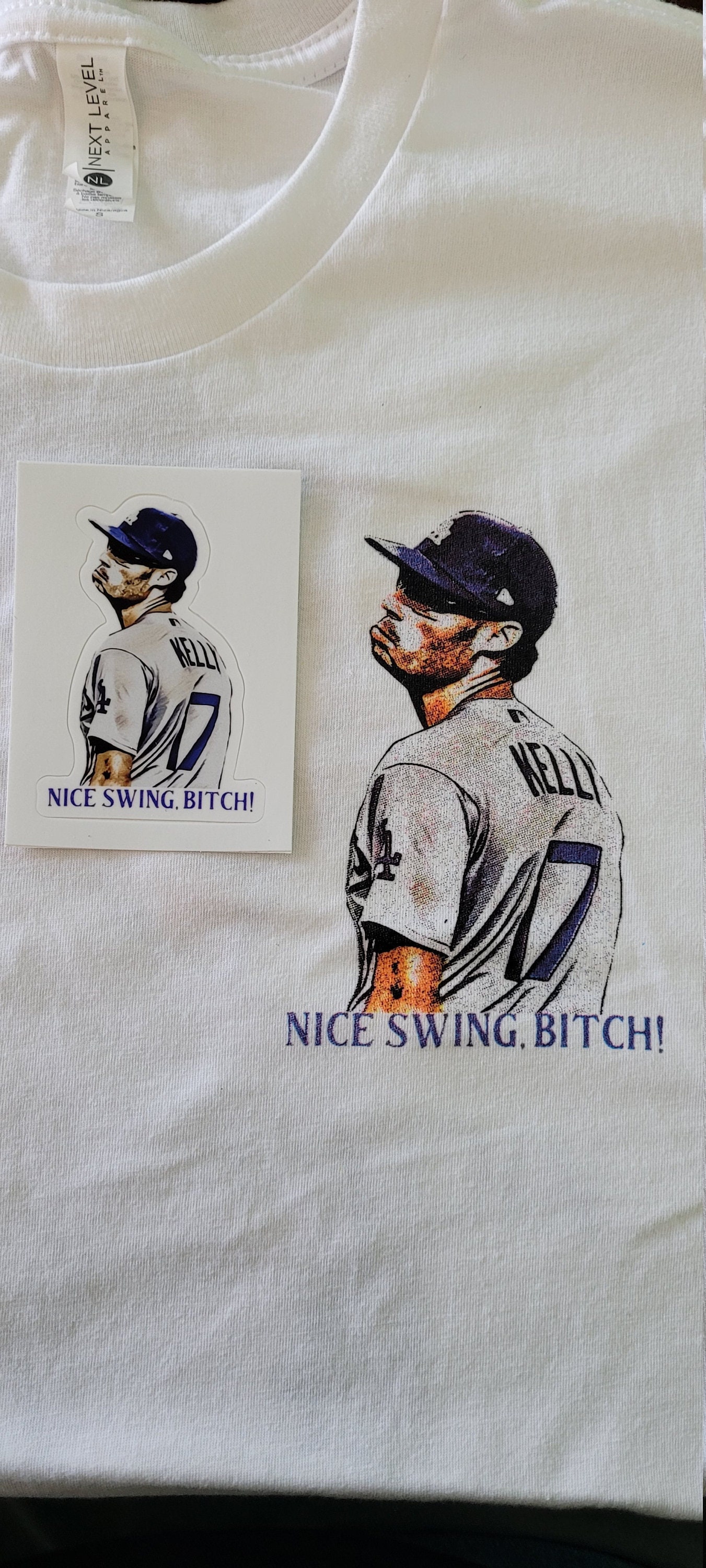 LaLaLandTshirts Joe Kelly Nice Swing Bitch Big Face Los Angeles Baseball Fan T Shirt Classic / White / Large