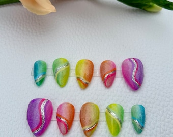 Holographic Rainbow Ombre Luxury Press On Nails Set