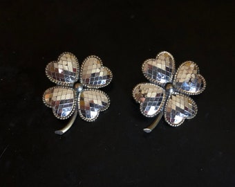 Phenomenal! Pair of Victorian 4 leaf clover brooches in micro mirror mosaic and silvered brass