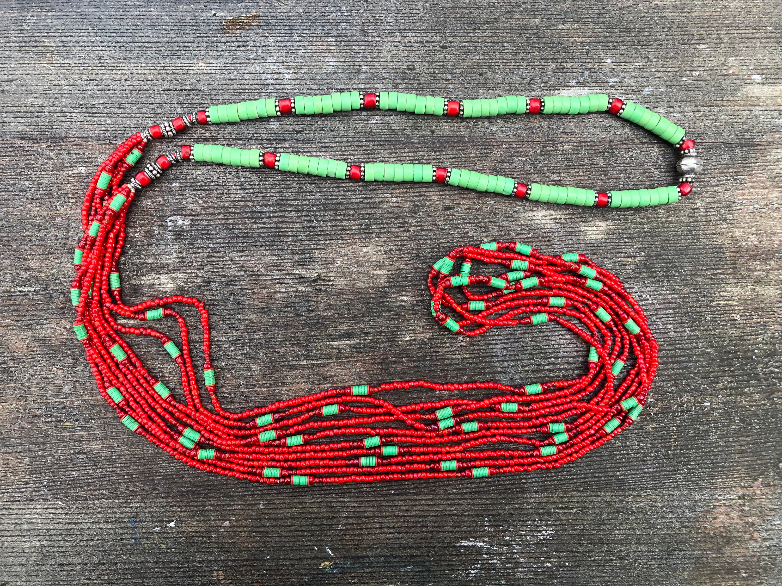 Red and Green Multi Strand Necklace of Antique Trade Beads. Modern
