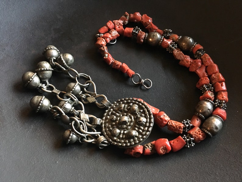 Necklace of gnarled Mediterranean coral beads from Yemen with silver and mixed metal beads and pendant