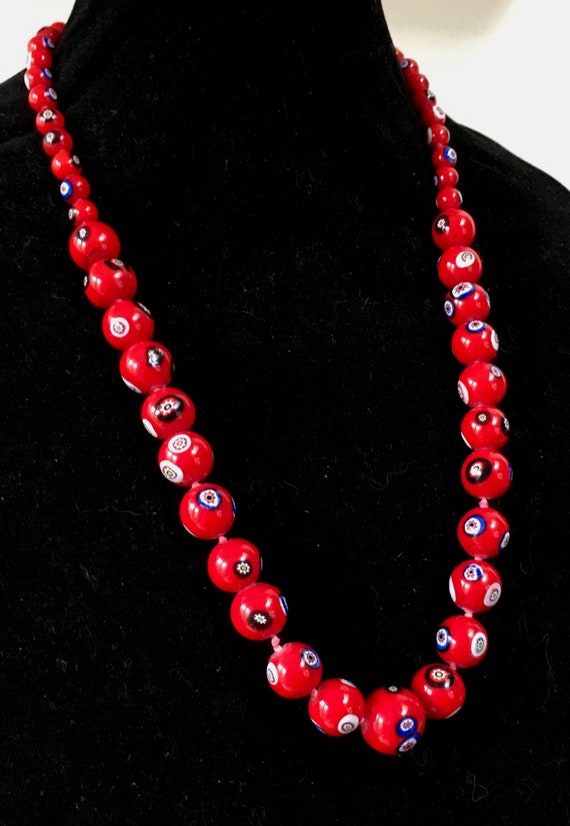 Red Czech knotted millefiori beaded necklace. Lon… - image 2