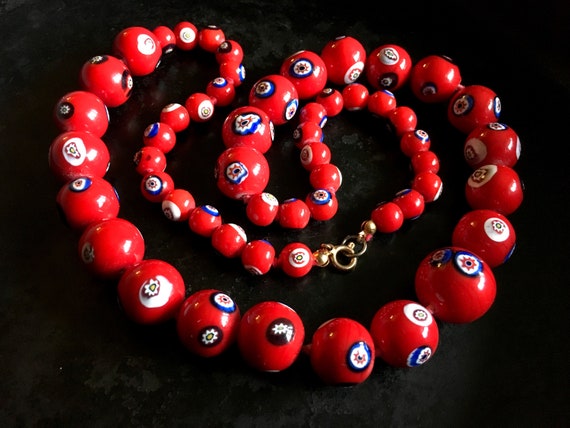 Red Czech knotted millefiori beaded necklace. Lon… - image 5