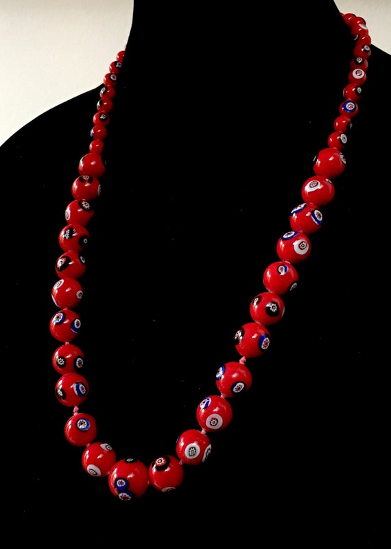 Red Czech knotted millefiori beaded necklace. Lon… - image 4