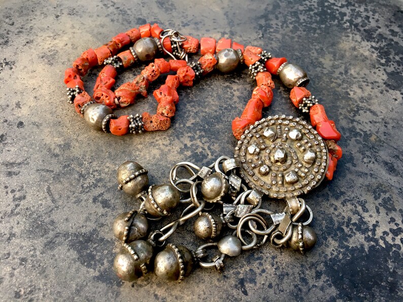 Necklace of gnarled Mediterranean coral beads from Yemen with silver and mixed metal beads and pendant