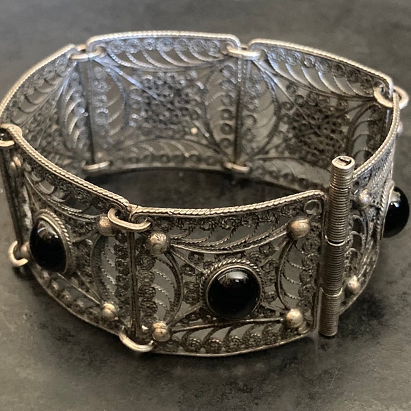 Vintage hand made filigree sterling panel bracelet with black onyx