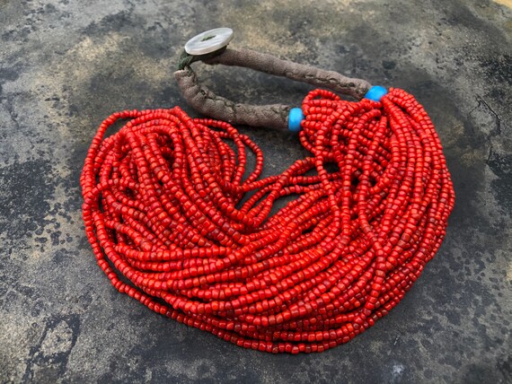 Multi strand tribal necklace with small red drawn… - image 1